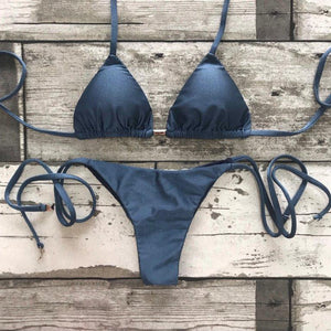 Triangle Tie Bikini Set - Shiny Navy